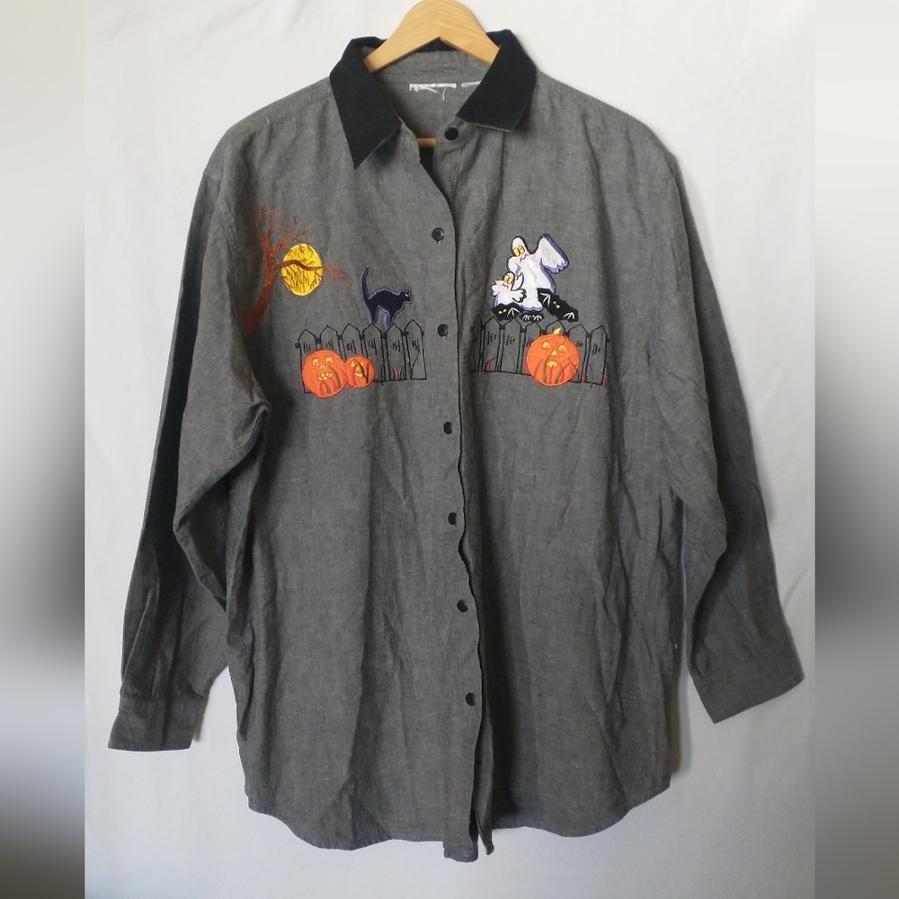 90's Halloween Vintage Embroidered Collared Casual Work Blouse XL